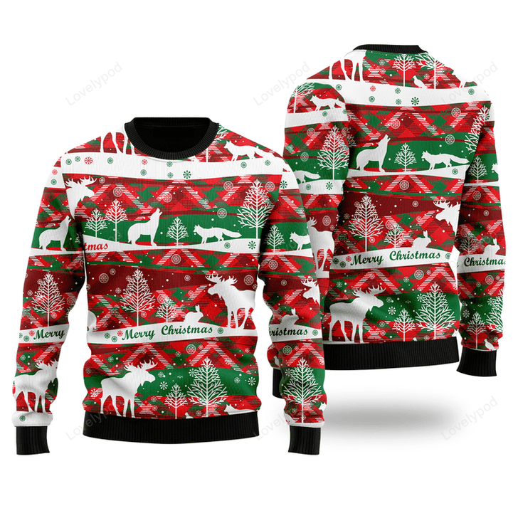 FUNSTUFFPRINT  Howling Wolf In Snow Forest Pattern  Christmas Sweater For Men & Women Ugly Sweater