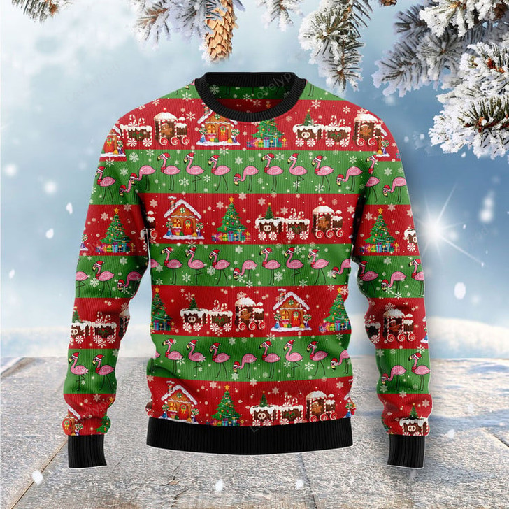 FUNSTUFFPRINT Flamingo Snow Ugly Christmas Sweater For Men & Women Ugly Sweater