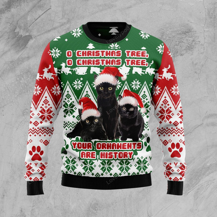 FUNSTUFFPRINT Black Cat Oh Christmas Tree Ugly Christmas Sweater Ugly Sweater