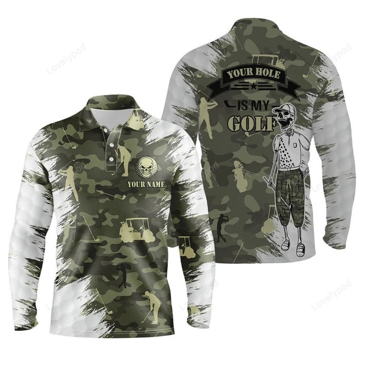 FUNSTUFFPRINT Funny Skull Green Camo Golf Polo Shirts For Men, Custom Name Your Hole Is My Goal Mens Polos Shirt