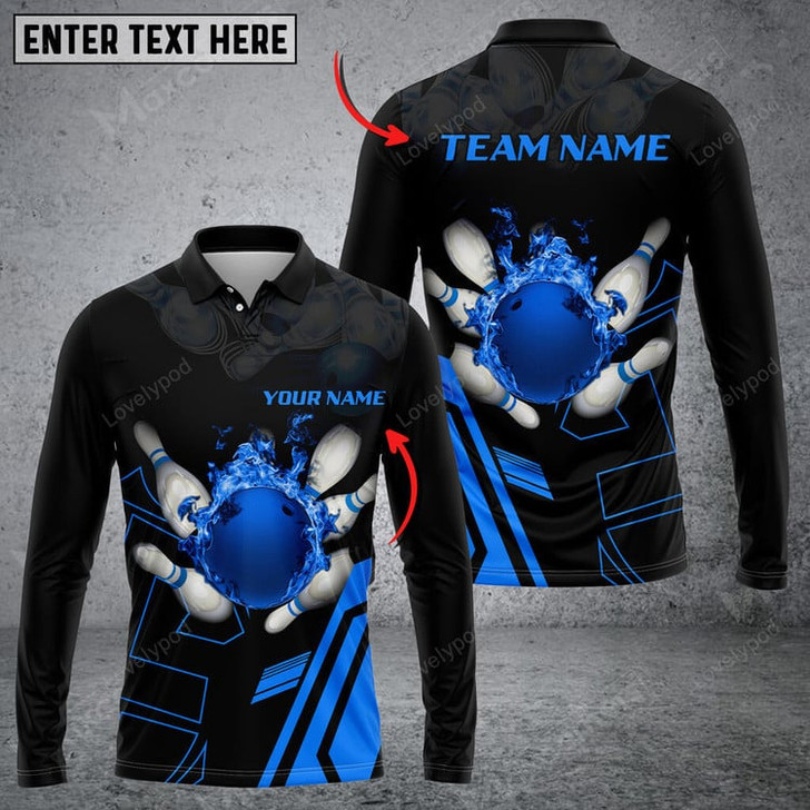 FUNSTUFFPRINT Bowling Ball Flame Multicolor Option Customized Name Long Sleeve 3D Shirt