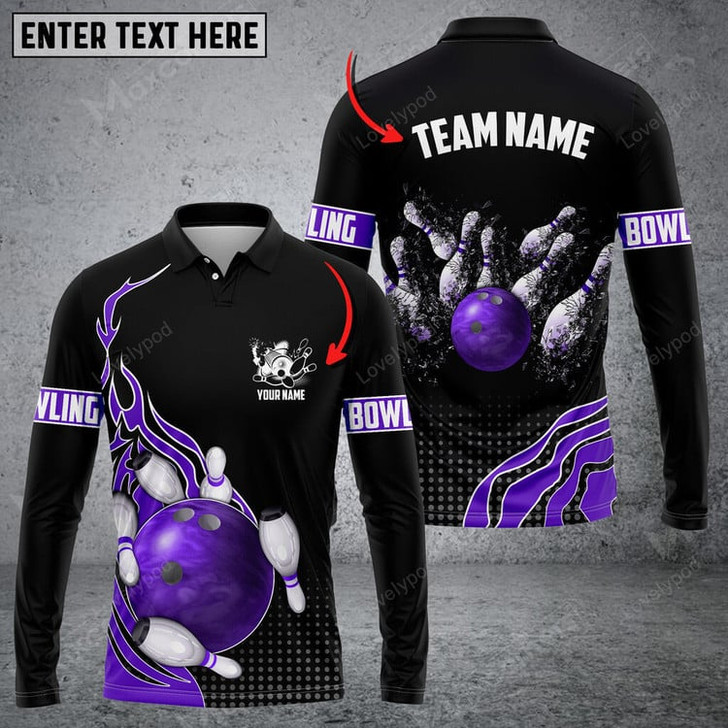 FUNSTUFFPRINT Bowling And Breaking Pins Multicolor Option Customized Name Long Sleeve 3D Shirt