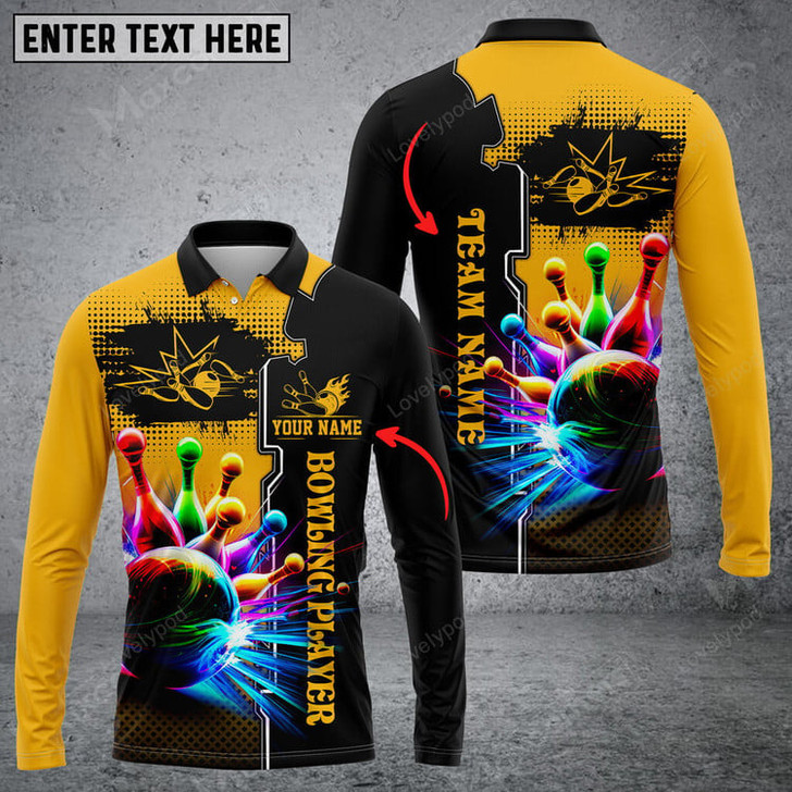 FUNSTUFFPRINT  Bowling And Pins Premium Multicolor Option, Customized Name Long Sleeve 3D Shirt