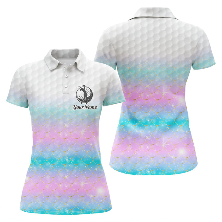 Custom Womens Golf Polo Shirt Rainbow Mermaid Scales Custom Name Pattern Golf Shirts, Ladies Golf Tops