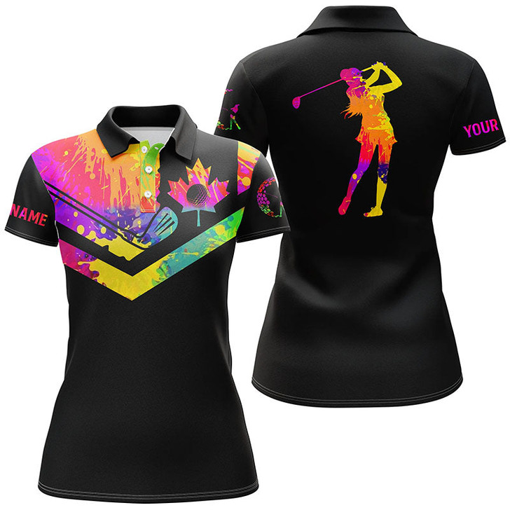 Custom Womens Golf Polo Shirt Watercolor Canadian Flag Custom Name Black Golf Shirt