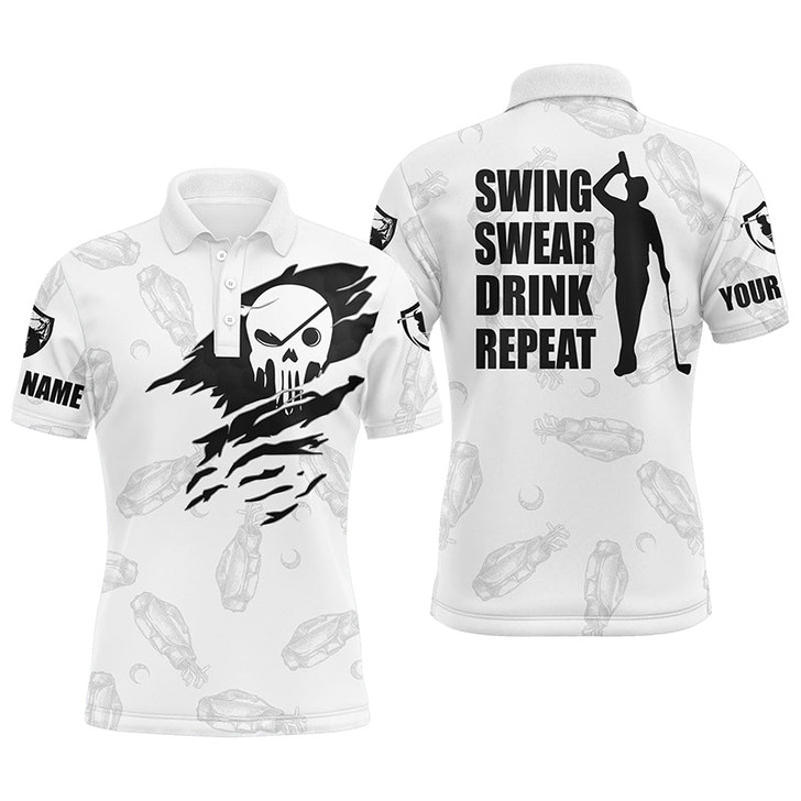 Custom Golf Men Polo Shirt - Custom Name Skull Golf Clubs Pattern White Apparel - Personalized Gift For Golf Lover, Team, Husband - Swing Swear Drink Repeat
