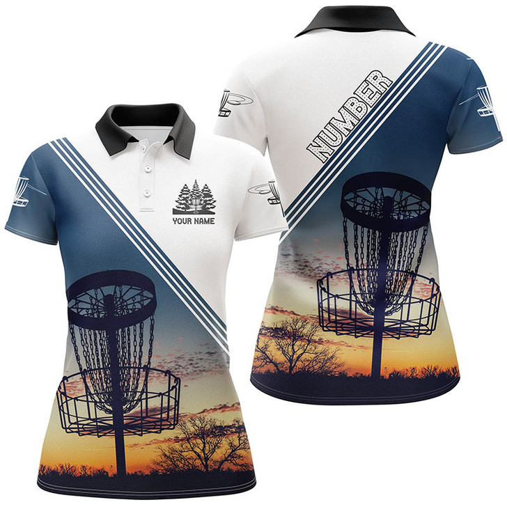 Custom Sunset Personalized Disc Golf Polo Shirt Custom Disc Golf Shirts For Women Disc Golf Basket