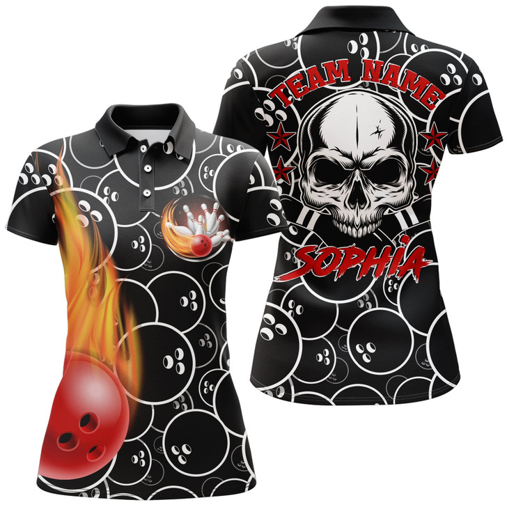 Custom Personalized Women Polo Flame Bowling Shirt Cool Skull Pins Black Bowling Short Sleeve Women Bowlers