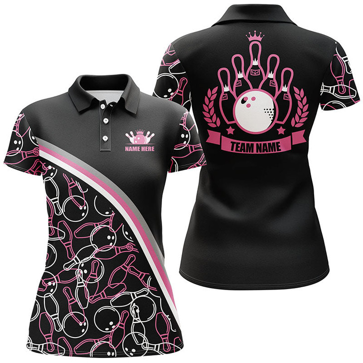Custom Personalized Bowling Polo Shirts For Women Custom Name Pink Bowling Pattern, Bowling Team Shirts