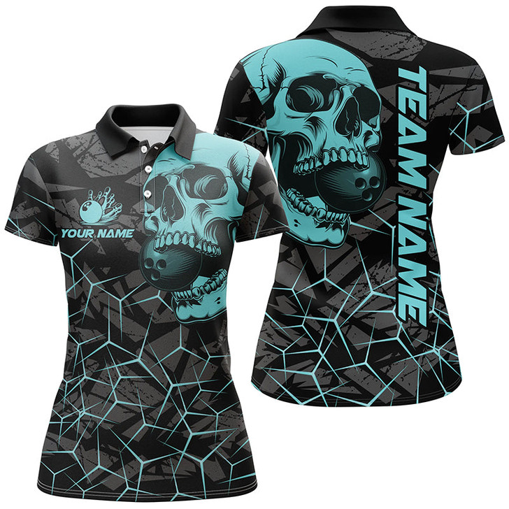 Custom Black Skull Camo Bowling Shirt For Women Custom Bowling Team Jerseys, Gifts For Bowlers | Turquoise
