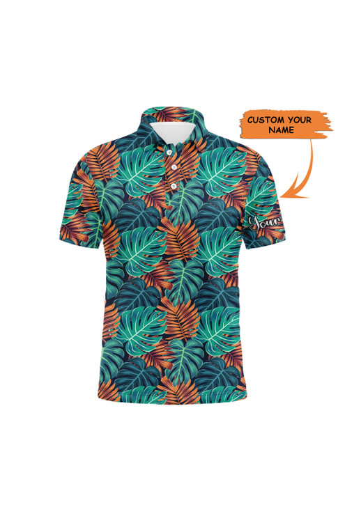 Custom Monstera And Palm Leaves Nature Tropical Pattern Custom Name Golf Men Polo Shirt - Personalized Gift For Golf Lover, Team, Golfer