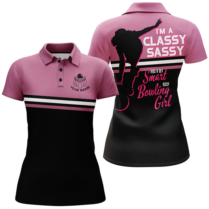 Custom Personalized Women Bowling Polo Shirt, Funny Assy Bowling Girl Pink Bowlers Jersey