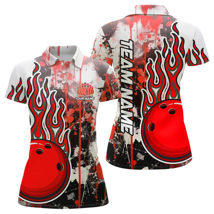 Custom Red Camo Flame Bowling Polo Shirts For Women Custom Bowling Team Jerseys Bowling League