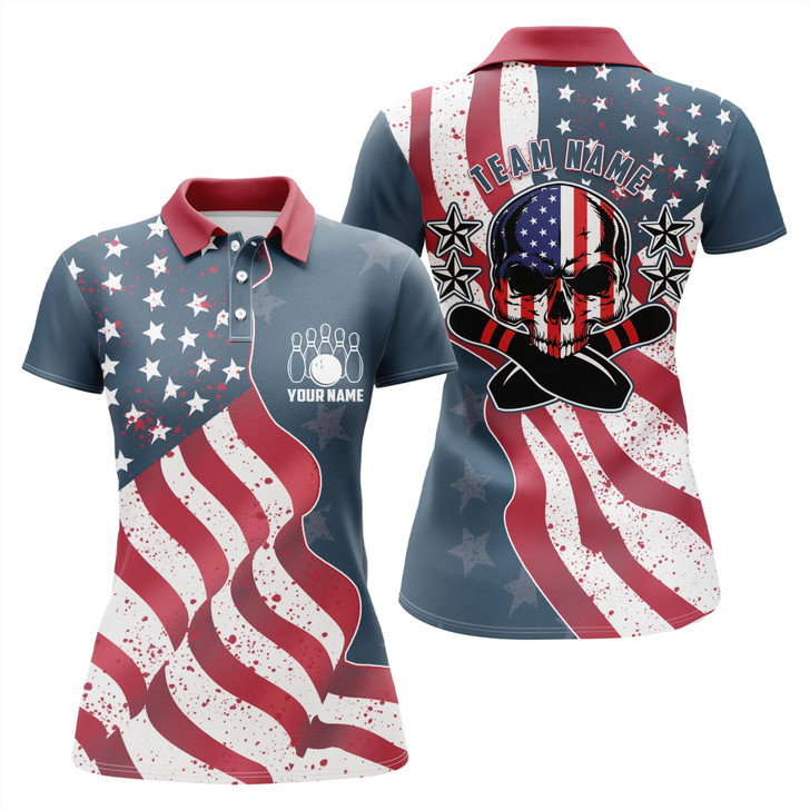 Custom Vintage American Flag Patriotic Skull Bowling Polo Shirts For Women Custom Bowling Team Jerseys