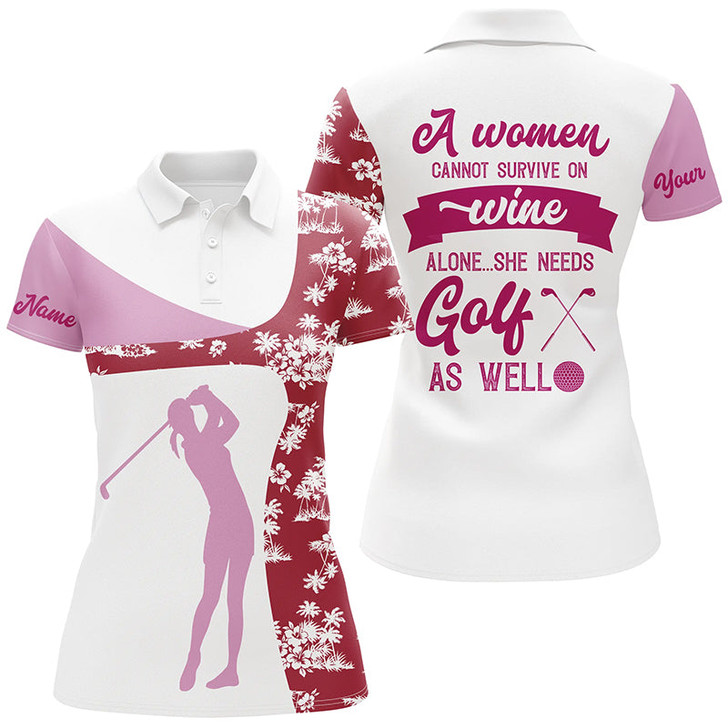 Custom A Women Cannot Survive On Wine Pink Red Tropical Golf Polo Shirt Drinking Golf Tops For Women