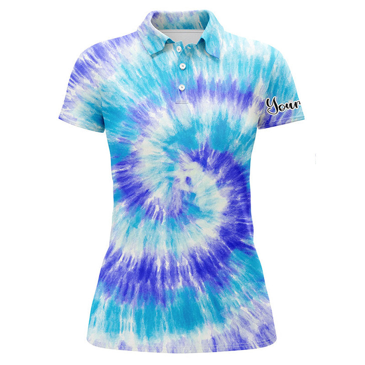 Custom Womens Golf Polo Shirts Blue Turquoise Tie Dye Background Custom Name Golf Shirt, Golfing Gift