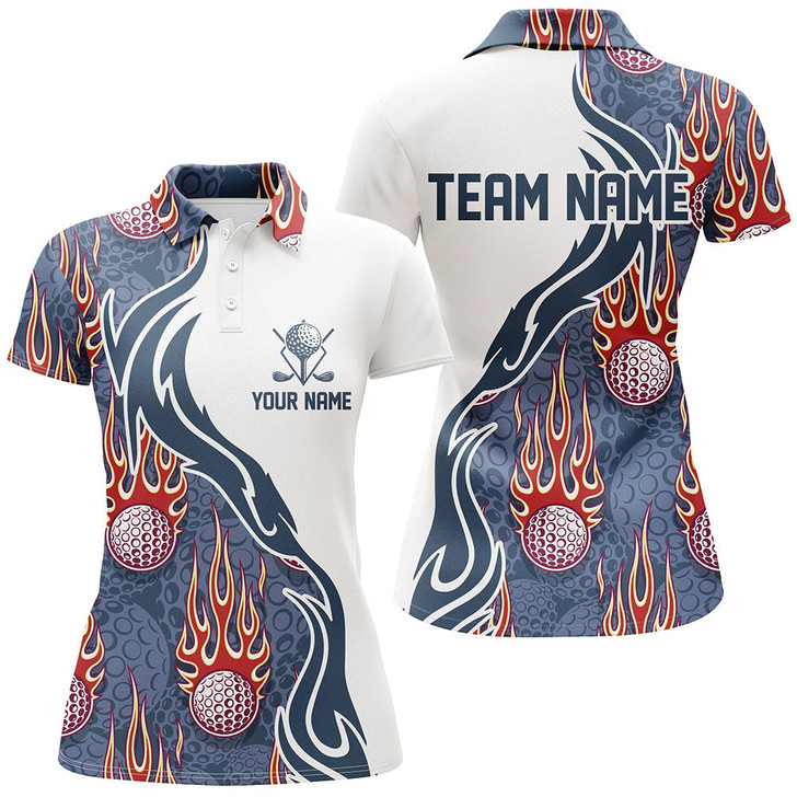 Custom Flame Golf Ball White Blue Golf Polo Shirt Personalized Golf Shirts For Women Golfing Gifts