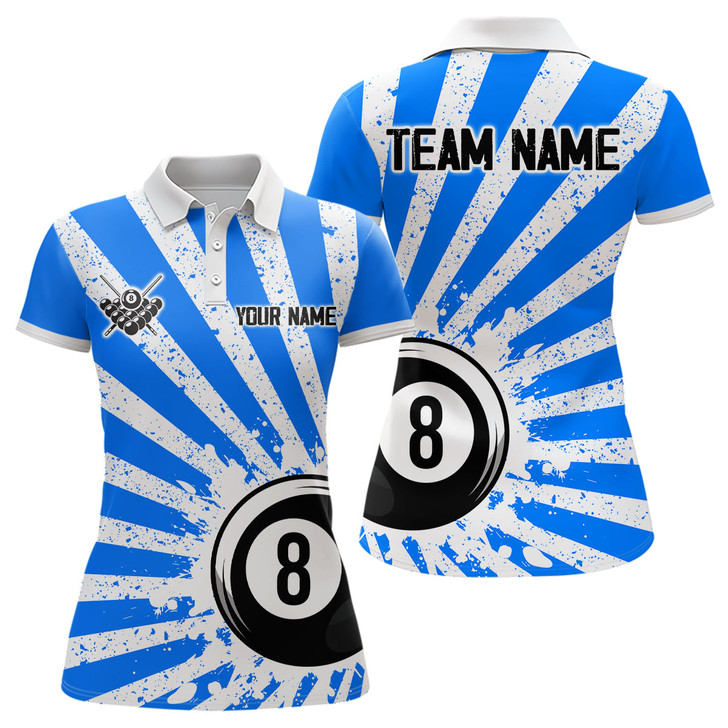 Custom Funny Grunge Billiard 8 Ball Women Polo & Quarter-Zip Shirts Custom Blue 8 Ball Pool Jerseys Attire