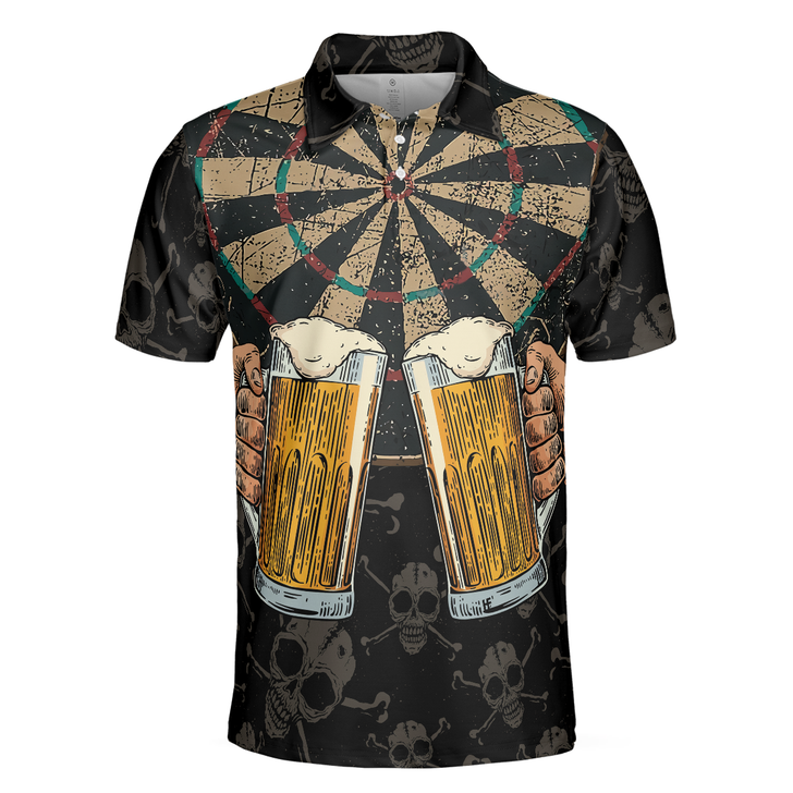 Darts And Beer That's Why I'm Here Short Sleeve Polo Shirt, Skull Darts Print Shirt For Men, Best Gift For Dart Lover