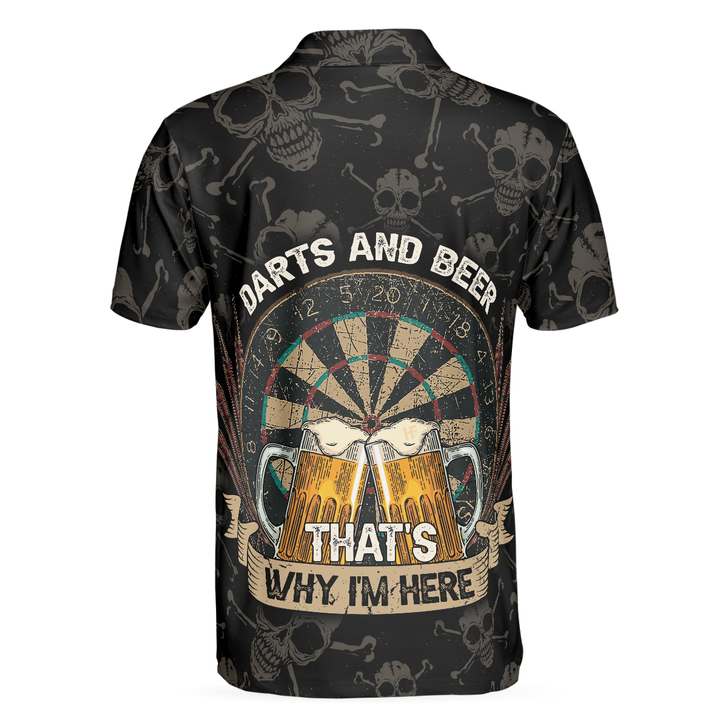 Darts And Beer That's Why I'm Here Short Sleeve Polo Shirt, Skull Darts Print Shirt For Men, Best Gift For Dart Lover