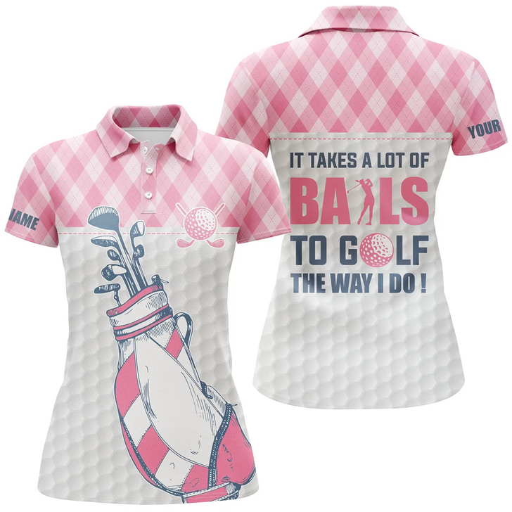 Custom Women Golf Polo Shirt It Takes A Lot Of Balls To Golf Custom Pink Argyle Pattern Golf Shirts For Women