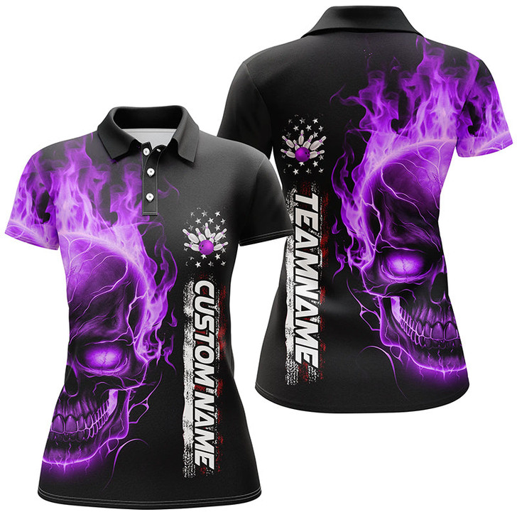 Custom Flame Skull American Flag Custom Team Bowling Shirts For Women, Patriotic Bowling Shirt