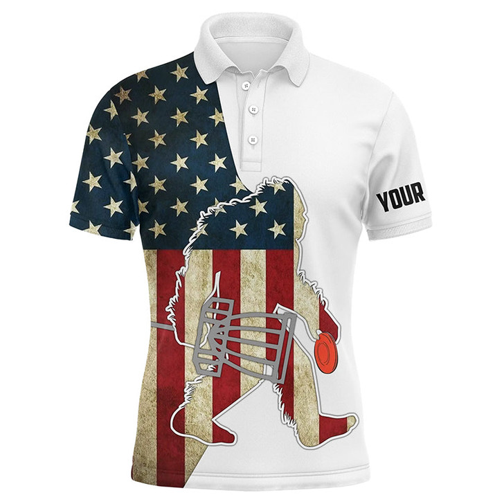 Custom Bigfoot Disc Golf Men Polo Shirt - Custom Name American Flag Sasquatch Playing Apparel - Personalized Gift For Disc Golf Lover, Team