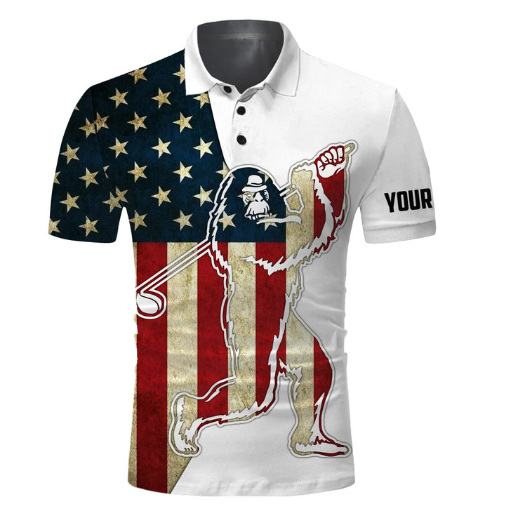 Custom Funny Bigfoot Golf Polo Shirts, Patriotic American Flag Custom Name Sasquatch Playing Golf Apparel - Personalized Gift For Men, Husband, Boyfriend