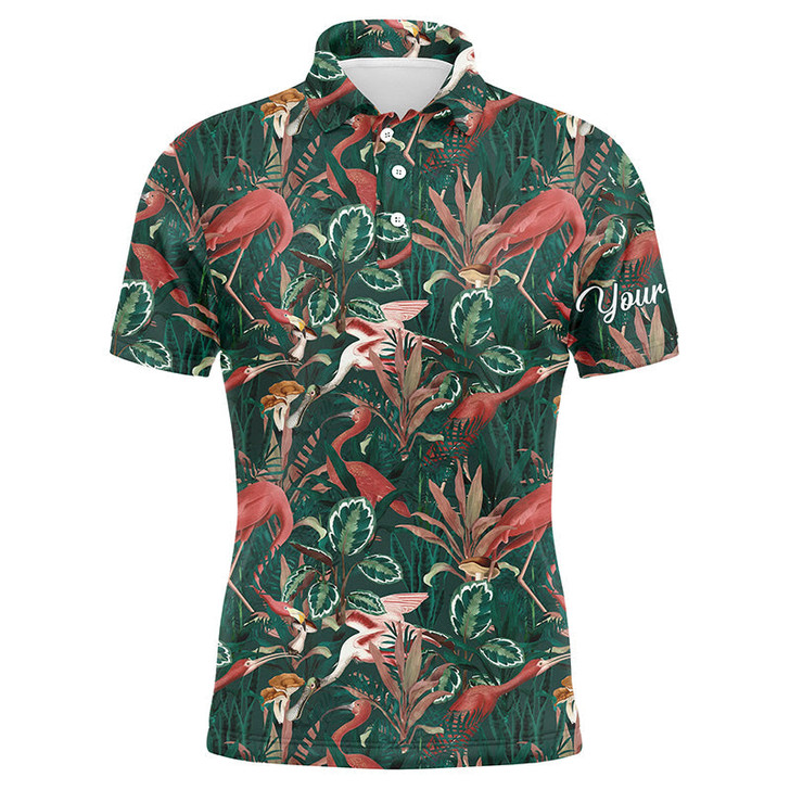 Custom Golf Men Polo Shirt - Custom Name Flamingo Green Tropical Jungle Pattern Apparel - Personalized Gift For Golf Lover, Team, Husband, Boyfriend
