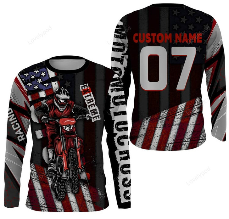 FUNSTUFFPRINT Custom Motocross Jersey UPF30+, American Flag Dirt Bike Racing Long sleeve Shirt, Off-Road Rider Racewear 3D LONG SLEEVE SHIRT