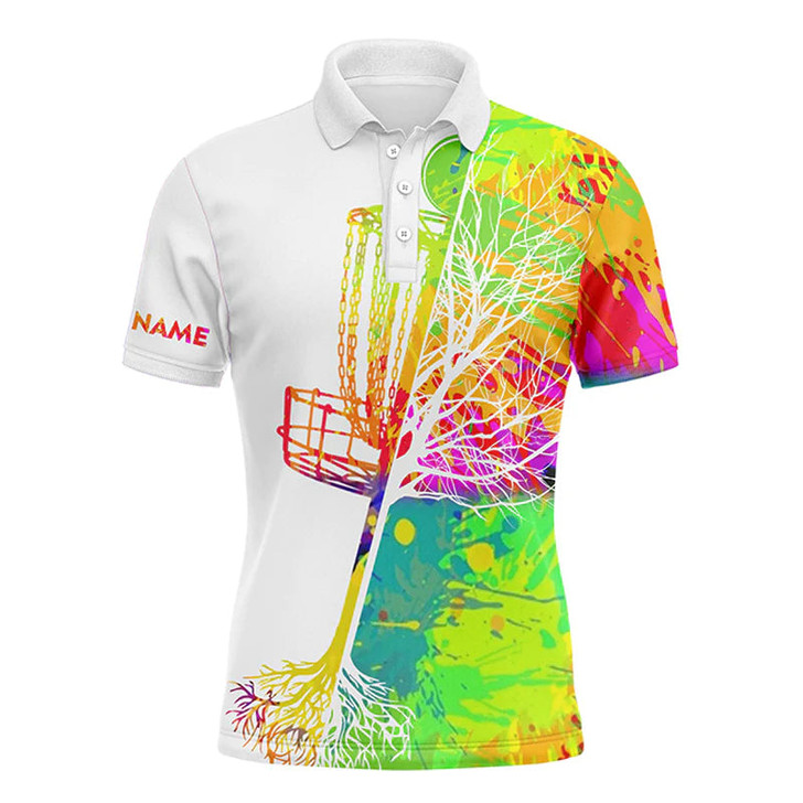 Custom Disc Golf Men Polo Shirt, Custom Name Watercolor Disc Golf Basket Apparel - Personalized Sports Gift For Golf Lover, Male, Husband, Boyfriend
