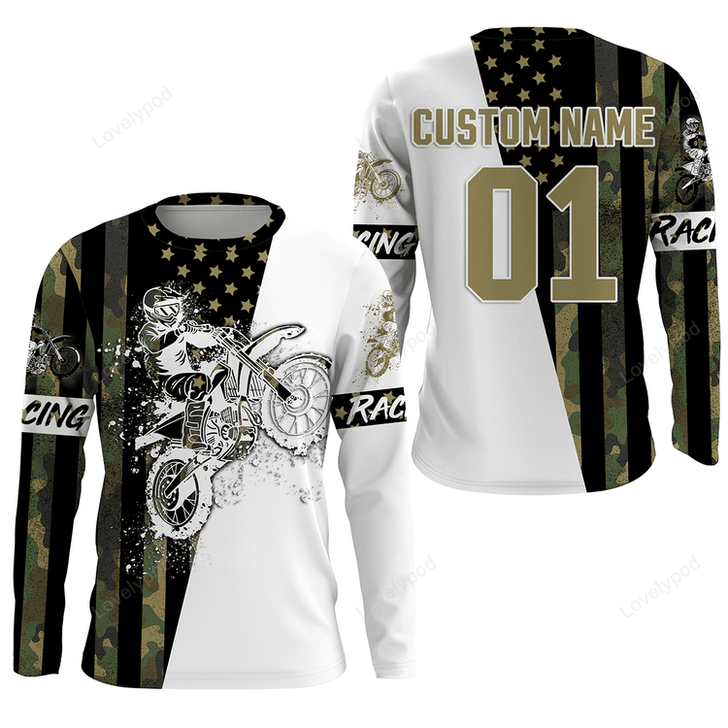FUNSTUFFPRINT Custom  Dirt bike racing jersey UPF30+, Patriotic Motocross offroad American flag motorcycle shirt 3D LONG SLEEVE SHIRT