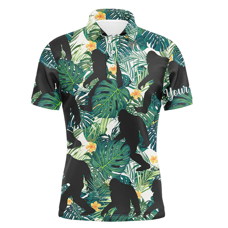Custom Funny Bigfoot Golf Men Polo Shirt, Custom Name Green Tropical Leaves Apparel - Personalized Sports Gifts For Golf Lover, Male, Husband, Boyfriend