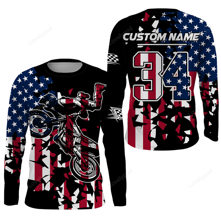 FUNSTUFFPRINT Custom Dirt Bike Racing Jersey, UPF30+ Patriotic Motocross American Off-Road Riding Jersey  3D LONG SLEEVE SHIRT
