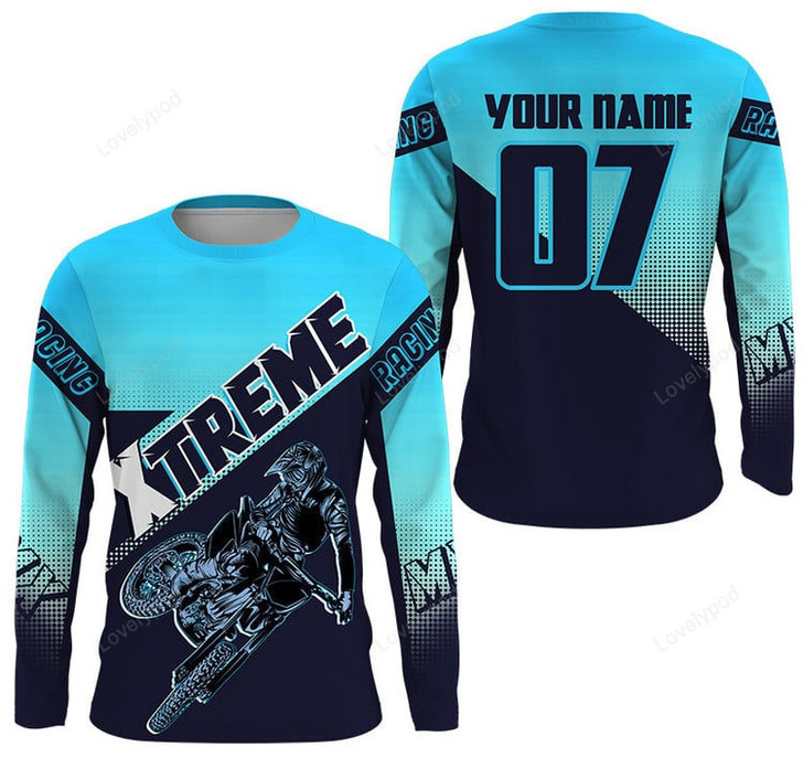 FUNSTUFFPRINT Custom Xtreme MX Racing Jersey, Motocross UPF30+ Blue, Dirt Bike Off-road Motorcycle 3D LONG SLEEVE SHIRT