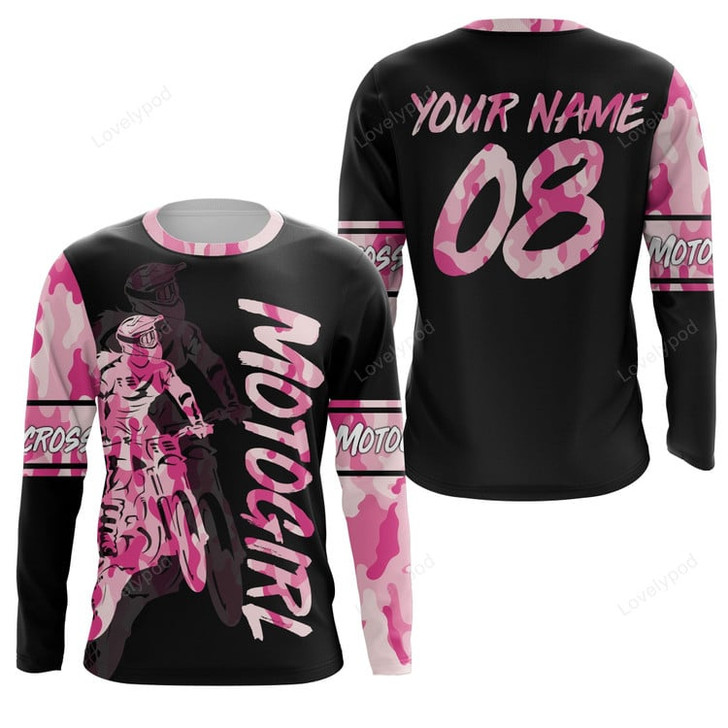 FUNSTUFFPRINT Custom Moto Girl personalized jersey UPF30+ motocross girl pink camo dirt bike riding shirt women bikers 3D LONG SLEEVE SHIRT