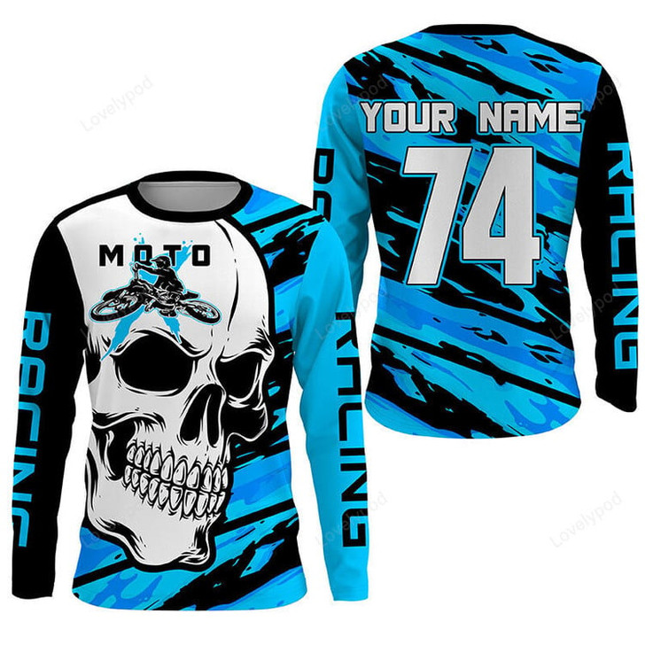 FUNSTUFFPRINT Custom Skull MotoX 3D , Motocross UPF30+ Blue Dirt Bike Racing, Motorcycle Bikers Racewear  3D LONG SLEEVE SHIRT