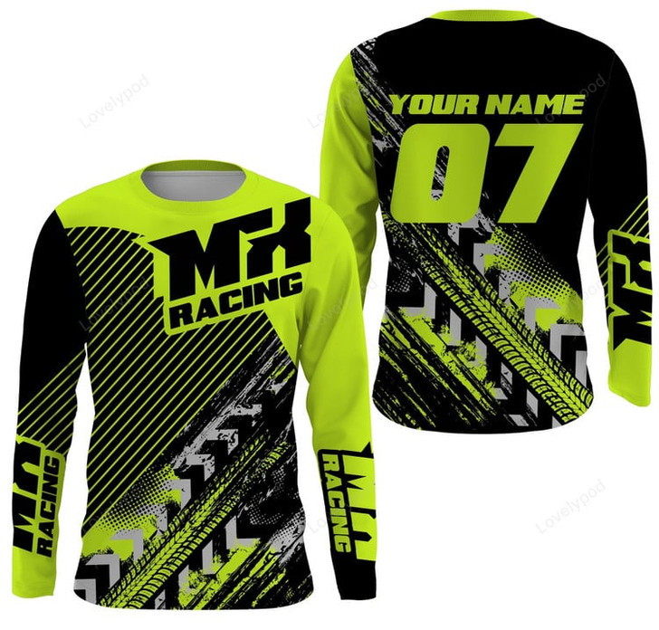 FUNSTUFFPRINT Custom MX Racing Jersey, Personalized Motocross Green Dirt Bike Riders Off-road Motorcycle 3D LONG SLEEVE SHIRT