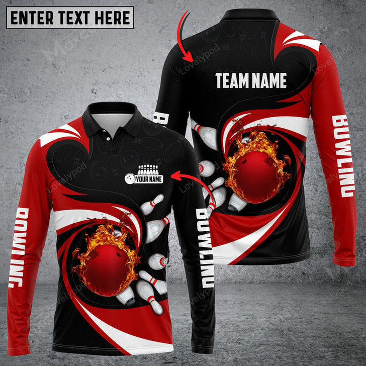 FUNSTUFFPRINT  Bowling Ball And Pins Vortex Pattern Multicolor Option, Customized Name Long Sleeve 3D Shirt