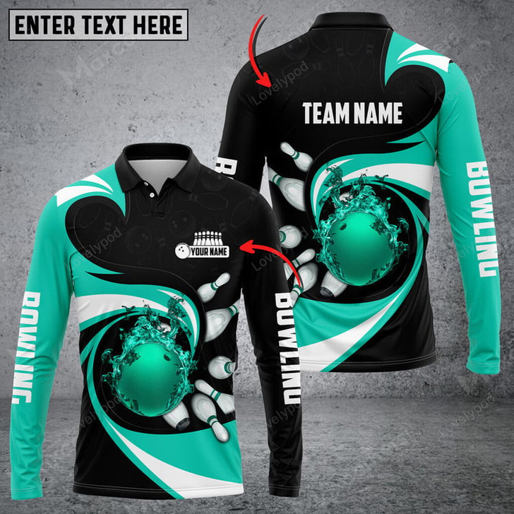 FUNSTUFFPRINT  Bowling Ball And Pins Vortex Pattern Multicolor Option, Customized Name Long Sleeve 3D Shirt