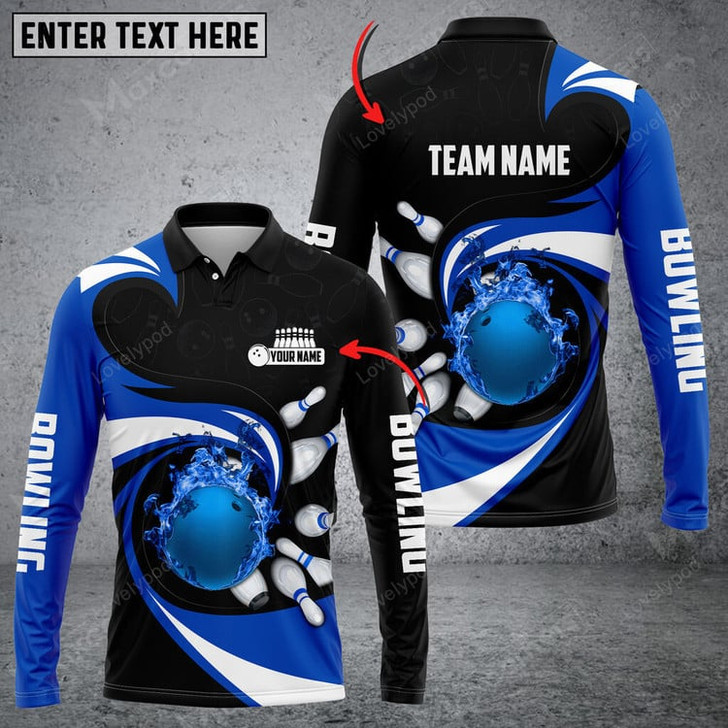 FUNSTUFFPRINT  Bowling Ball And Pins Vortex Pattern Multicolor Option, Customized Name Long Sleeve 3D Shirt