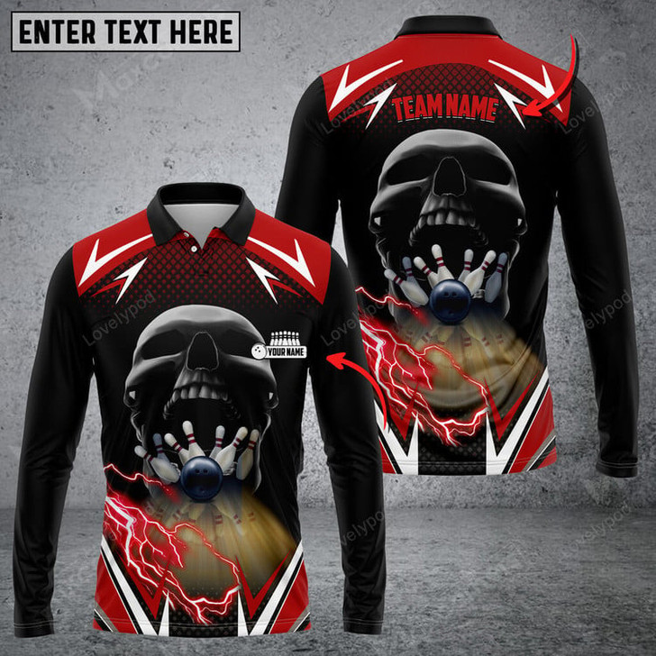 FUNSTUFFPRINT Bowling And Pins Lightning Into Skull Multicolor Option, Customized Name Long Sleeve 3D Shirt