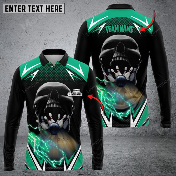 FUNSTUFFPRINT Bowling And Pins Lightning Into Skull Multicolor Option, Customized Name Long Sleeve 3D Shirt