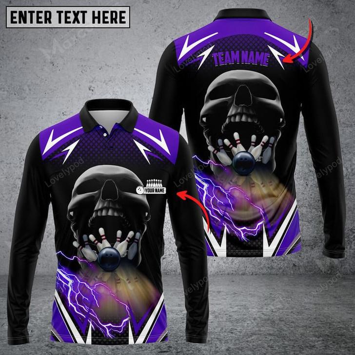 FUNSTUFFPRINT Bowling And Pins Lightning Into Skull Multicolor Option, Customized Name Long Sleeve 3D Shirt