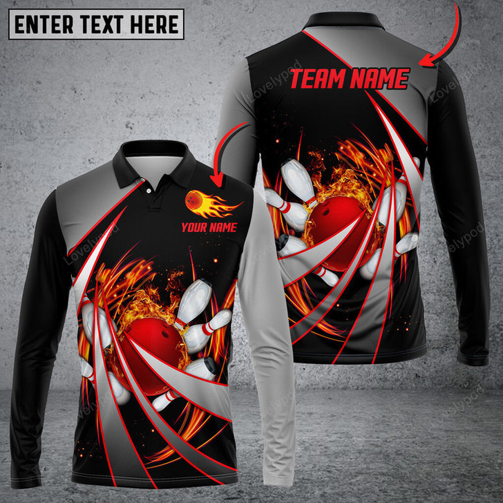 FUNSTUFFPRINT Flame Bowling And Pins Tornado Pattern Multicolor Option Customized Name Long Sleeve 3D Shirt