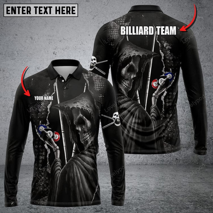 FUNSTUFFPRINT Personalized Name Billiard Enthusiast Long Sleeve polo shirt for men and women, Billiard team shirt