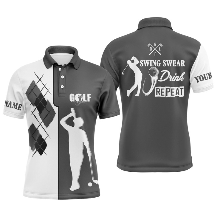 Custom Golf Men Polo Shirt - Custom Name Black White Apparel - Personalized Gift For Golf Lover, Team - Black White Swing Swear Drink Repeat