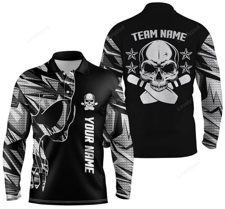 FUNSTUFFPRINT Custom Skull Bowling Polo Shirts For Team, Bowling Long Sleeve 3D Shirt for men and women