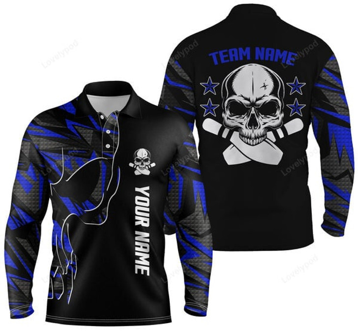 FUNSTUFFPRINT Custom Skull Bowling Polo Shirts For Team, Bowling Long Sleeve 3D Shirt for men and women