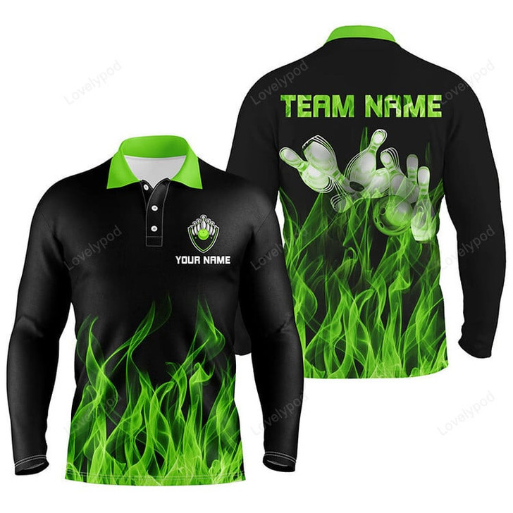 FUNSTUFFPRINT Personalized Men Long sleeve polo Bowling Shirt, Flame Bowling Ball and Pins bowling jerseys for men Bowler